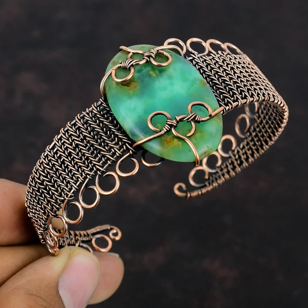 Chrysoprase Oval Green Handmade Copper Wire Wrapped Bangle