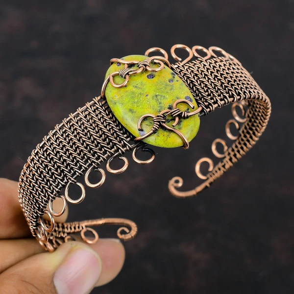 Atlantisite Oval Green Handmade Copper Wire Wrapped Bangle