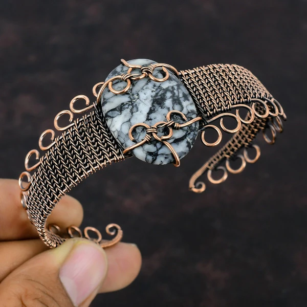 Pinolith Jasper Oval Gray Handmade Copper Wire Wrapped Bangle