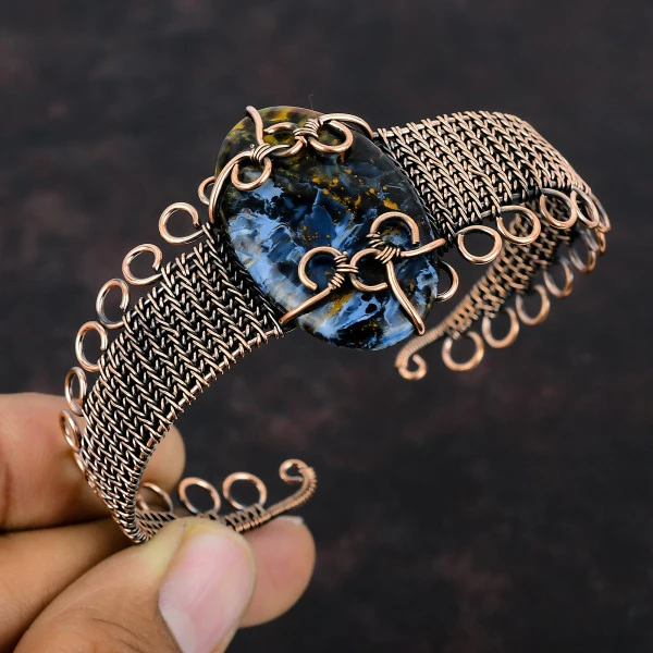 Pietersite Oval Black Handmade Copper Wire Wrapped Bangle