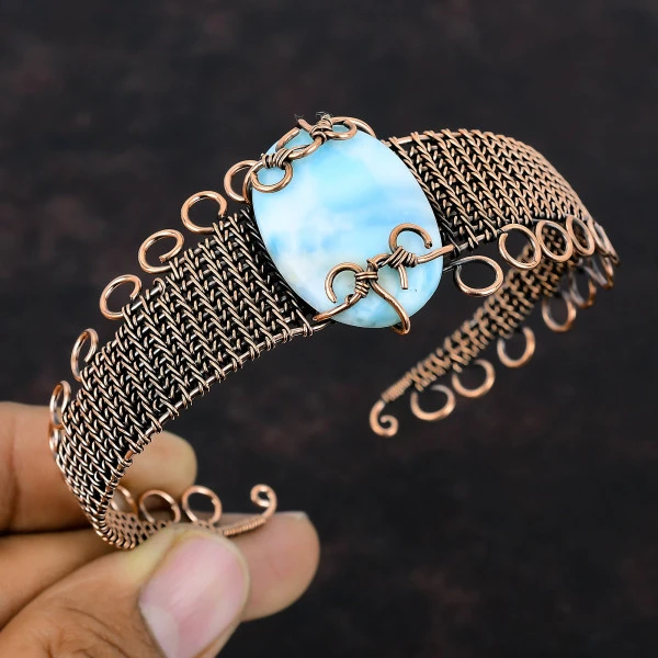 Larimar Oval Blue Handmade Copper Wire Wrapped Bangle