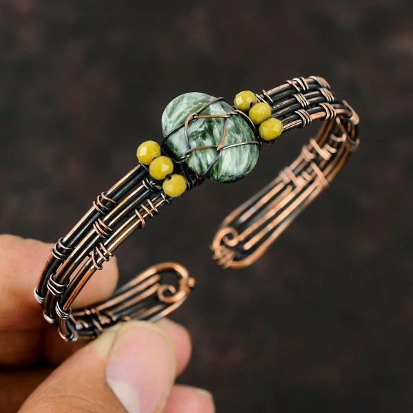 Seraphinite Oval Green Handmade Copper Wire Wrapped Bangle
