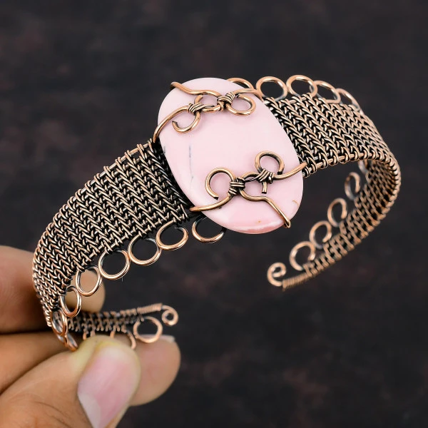 Pink Opal Oval Pink Handmade Copper Wire Wrapped Bangle