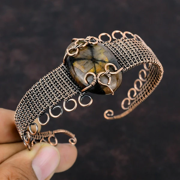 Chiastolite Oval Brown Handmade Copper Wire Wrapped Bangle