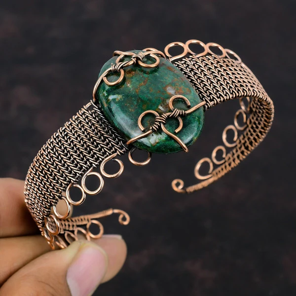 Cuprite Chrysocolla Oval Green Handmade Copper Wire Wrapped Bangle