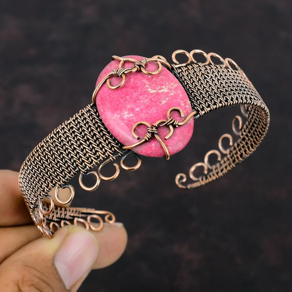 Thulite Oval Pink Handmade Copper Wire Wrapped Bangle