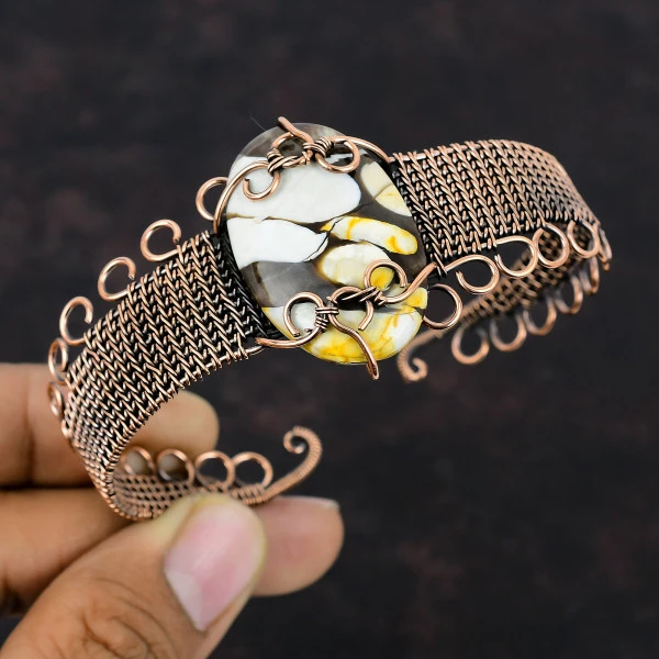 Peanut Wood Jasper Oval Brown Handmade Copper Wire Wrapped Bangle