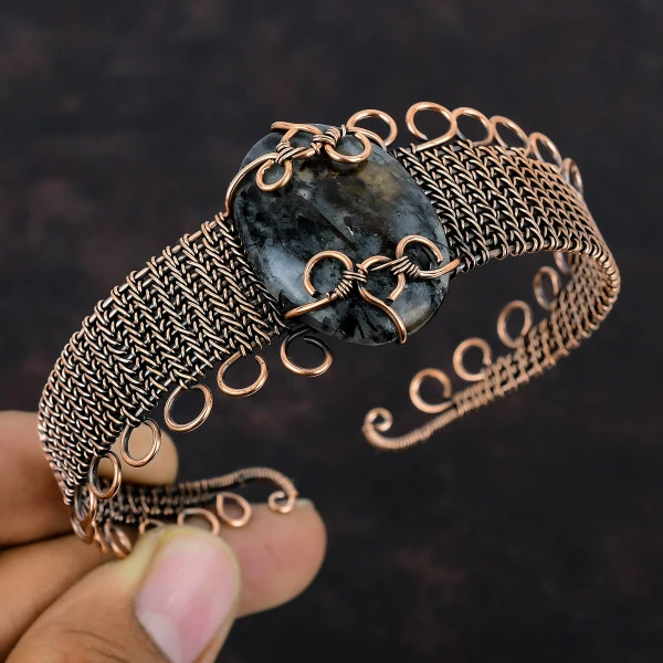 Astrophyllite Oval Black Handmade Copper Wire Wrapped Bangle