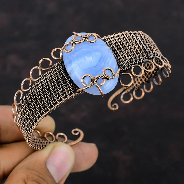 Blue Lace Agate Oval Blue Handmade Copper Wire Wrapped Bangle
