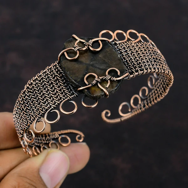 Chiastolite Pentagon Brown Handmade Copper Wire Wrapped Bangle