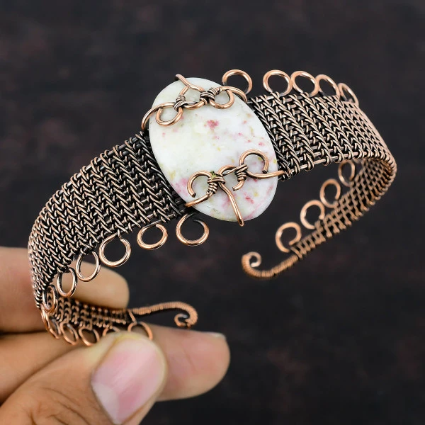 Cinnabar Oval White Handmade Copper Wire Wrapped Bangle