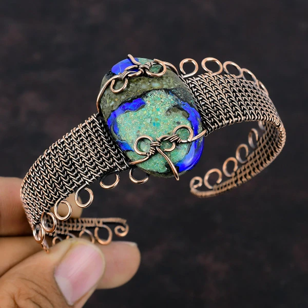 Azurite Malachite Oval Blue Handmade Copper Wire Wrapped Bangle