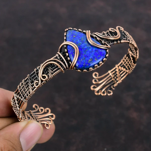 Lapis Lazuli Pear Blue Handmade Copper Wire Wrapped Bangle
