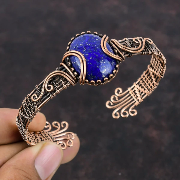Lapis Lazuli Oval Blue Handmade Copper Wire Wrapped Bangle