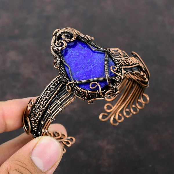 Lapis Lazuli Pear Blue Handmade Copper Wire Wrapped Bangle