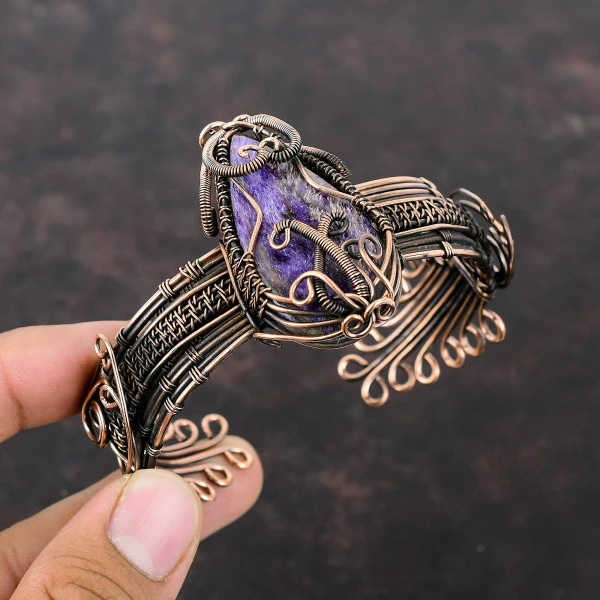 Charoite Pear Purple Handmade Copper Wire Wrapped Bangle