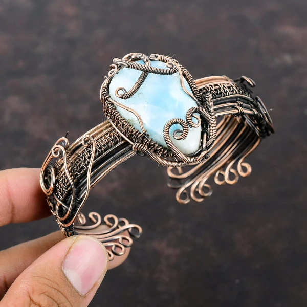 Larimar Pear Blue Handmade Copper Wire Wrapped Bangle