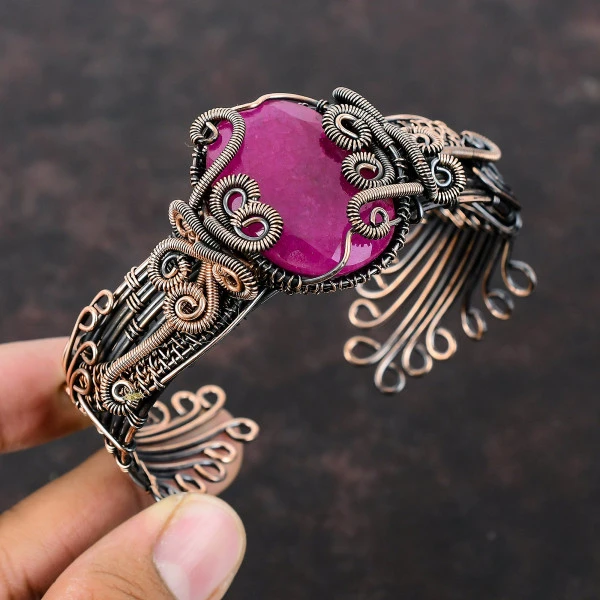 Faceted Kashmir Ruby Oval Red Handmade Copper Wire Wrapped Bangle