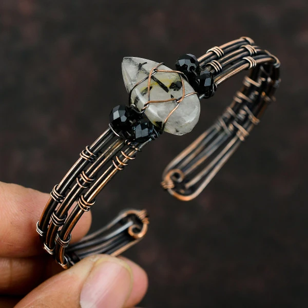 Black Rutile Pear Black Handmade Copper Wire Wrapped Bangle