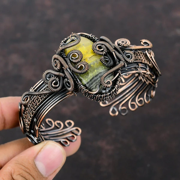 Bumble Bee Jasper Oval Yellow Handmade Copper Wire Wrapped Bangle