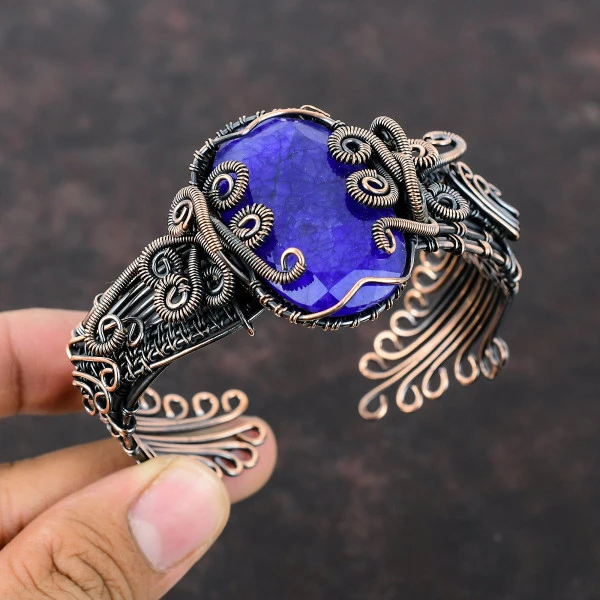 Faceted Blue Sapphire Oval Blue Handmade Copper Wire Wrapped Bangle