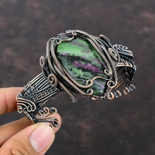 Ruby Zoisite Marquise Green Handmade Copper Wire Wrapped Bangle