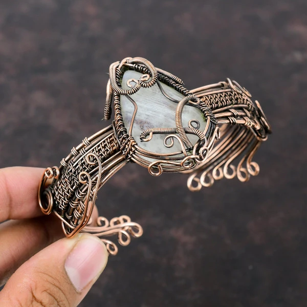 Rainbow Moonstone Pear White Handmade Copper Wire Wrapped Bangle
