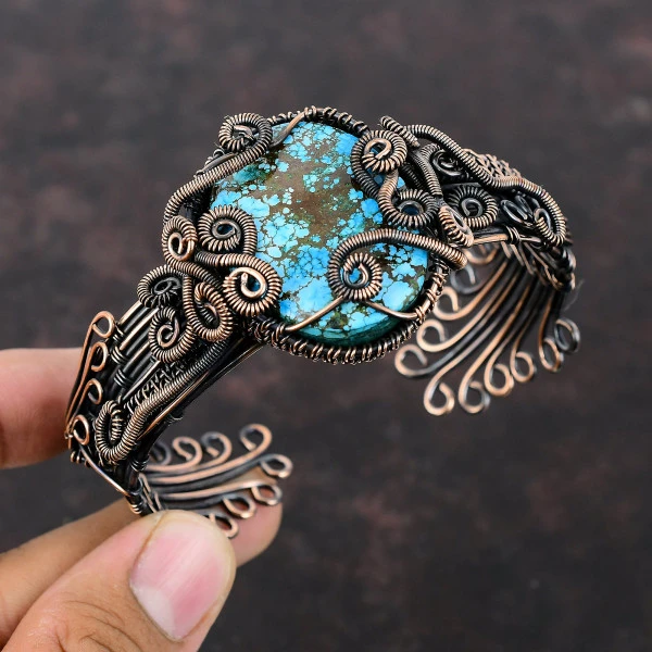 Tibetan Turquoise Oval Blue Handmade Copper Wire Wrapped Bangle