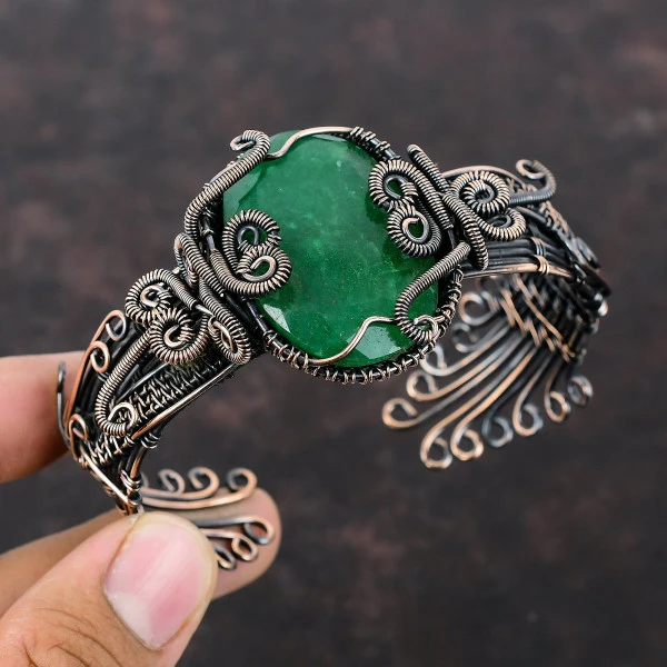 Faceted Zambian Emerald Oval Green Handmade Copper Wire Wrapped Bangle