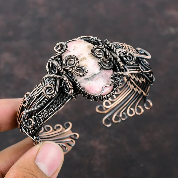 Rhodochrosite Oval Pink Handmade Copper Wire Wrapped Bangle
