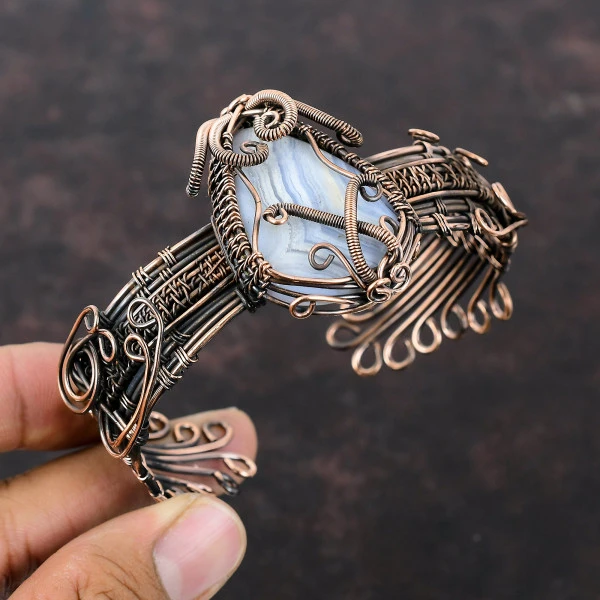 Blue Lace Agate Pear Blue Handmade Copper Wire Wrapped Bangle