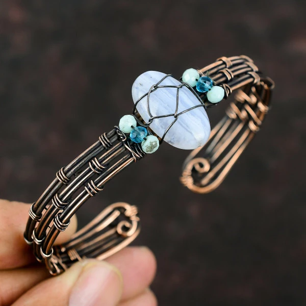 Blue Lace Agate Oval Blue Handmade Copper Wire Wrapped Bangle