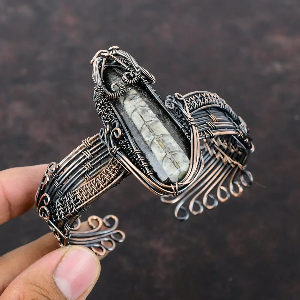 Orthoceras Fossil Trillion Gray Handmade Copper Wire Wrapped Bangle