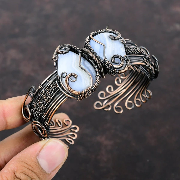 Blue Lace Agate Pear Blue Handmade Copper Wire Wrapped Bangle