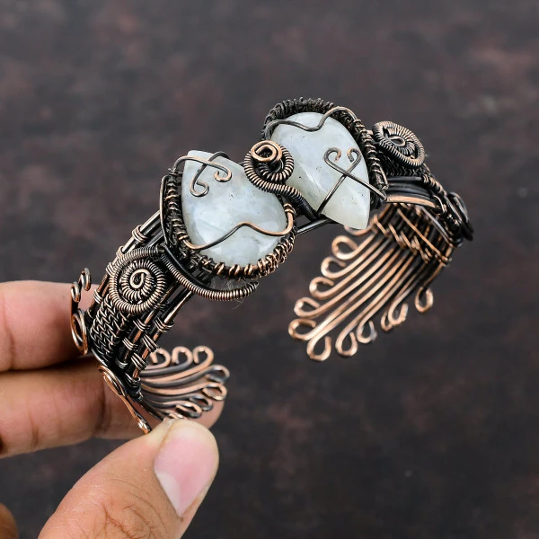 Rainbow Moonstone Pear White Handmade Copper Wire Wrapped Bangle