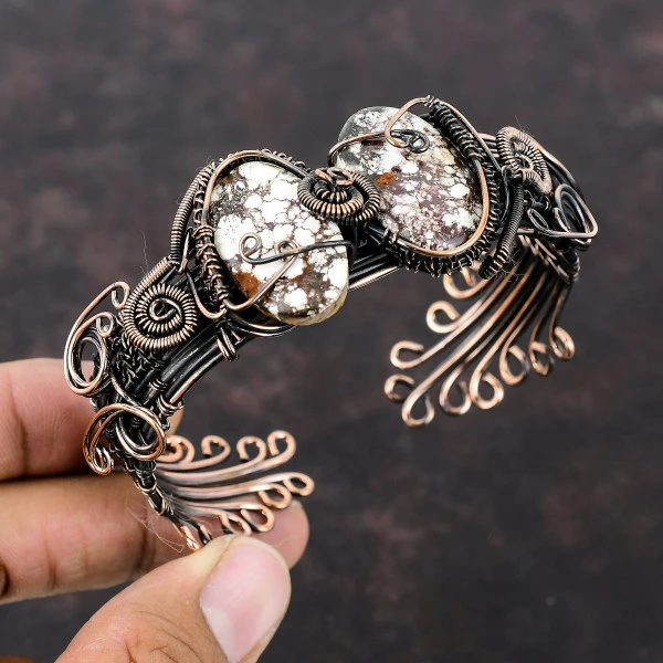 Wild Horse Magnesite Oval White Handmade Copper Wire Wrapped Bangle
