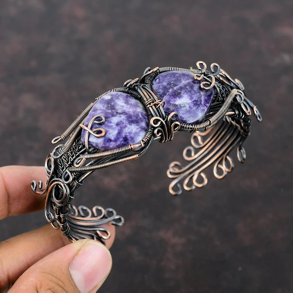 Lepidolite Pear Purple Handmade Copper Wire Wrapped Bangle