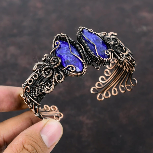 Faceted Blue Sapphire Marquise Blue Handmade Copper Wire Wrapped Bangle