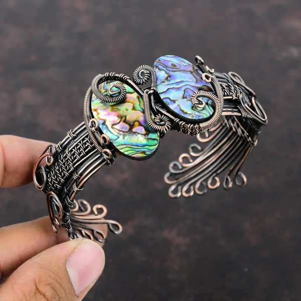 Abalone Shell Oval Green Handmade Copper Wire Wrapped Bangle