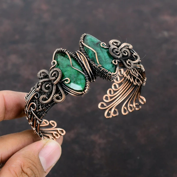 Faceted Zambian Emerald Marquise Green Handmade Copper Wire Wrapped Bangle