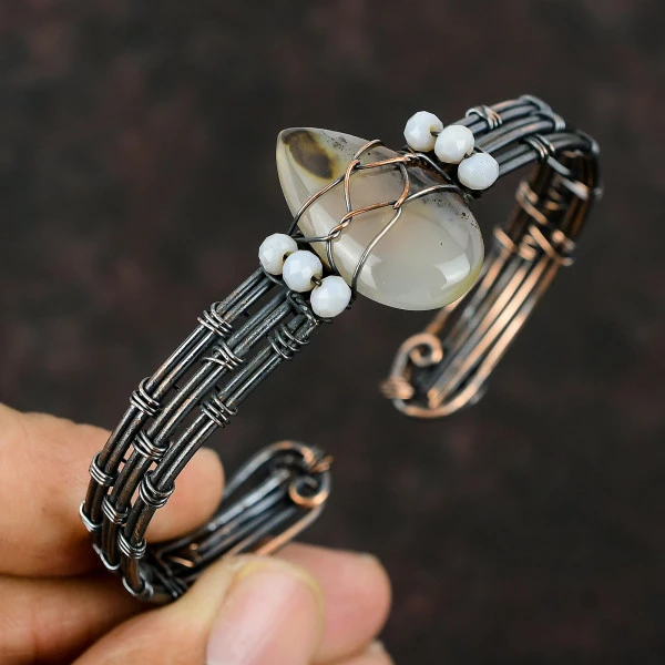 Montana Agate Pear Black Handmade Copper Wire Wrapped Bangle