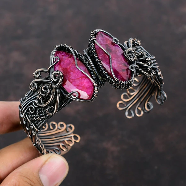 Faceted Kashmir Ruby Marquise Red Handmade Copper Wire Wrapped Bangle