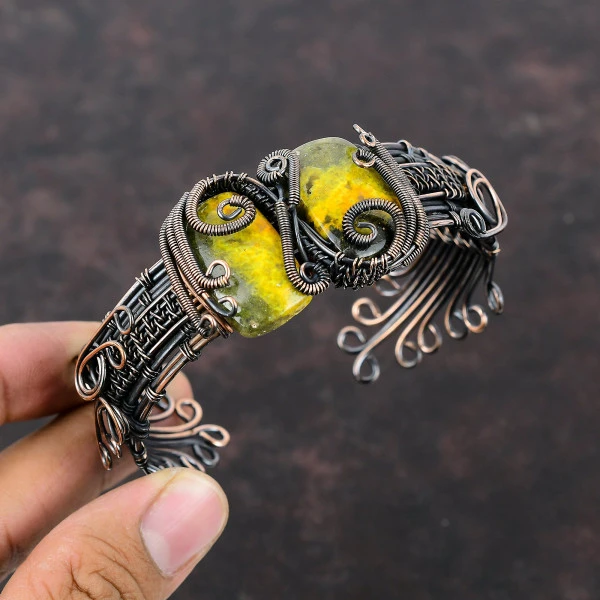 Bumble Bee Jasper Radiant Yellow Handmade Copper Wire Wrapped Bangle