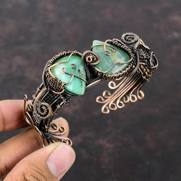 Chrysoprase Pear Green Handmade Copper Wire Wrapped Bangle