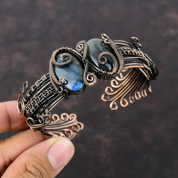 Labradorite Oval Gray Handmade Copper Wire Wrapped Bangle