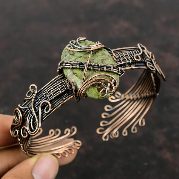 Dragon Bloodstone Oval Green Handmade Copper Wire Wrapped Bangle