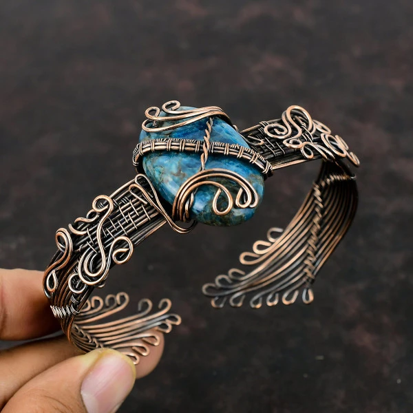 Neon Apatite Oval Blue Handmade Copper Wire Wrapped Bangle