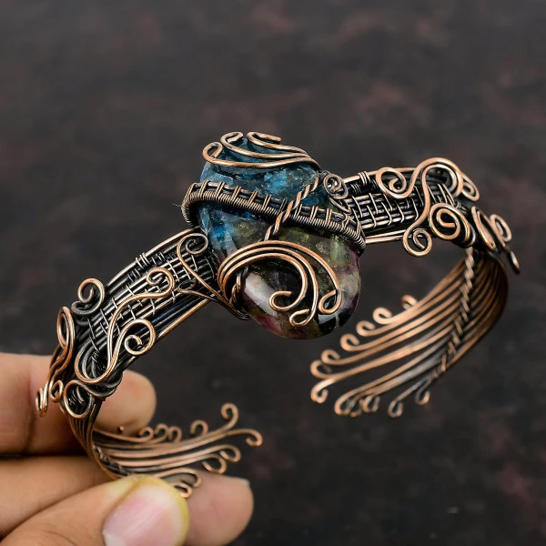 Copper Watermelon Tourmaline Oval Blue Handmade Copper Wire Wrapped Bangle