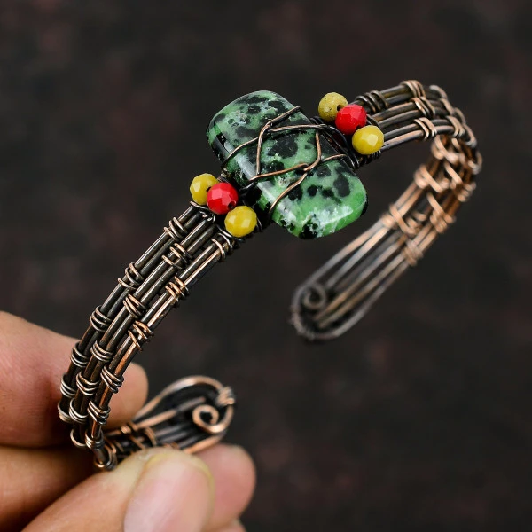 Ruby Zoisite Radiant Green Handmade Copper Wire Wrapped Bangle