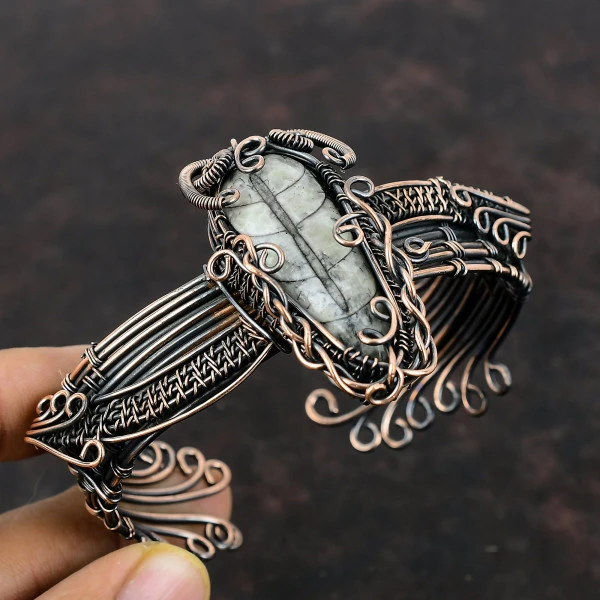 Orthoceras Fossil Pear Gray Handmade Copper Wire Wrapped Bangle